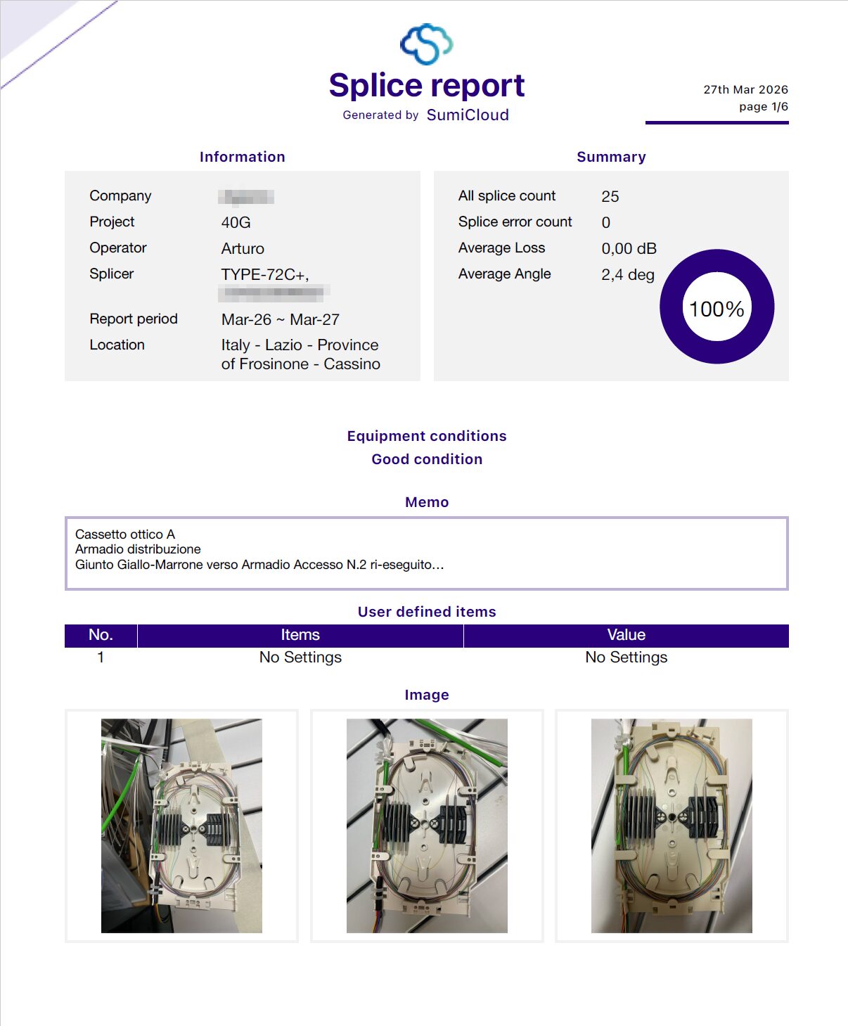 First page of a splice report: 25 splices, no errors, average estimated loss 0.00 dB, three photos of the fiber tray