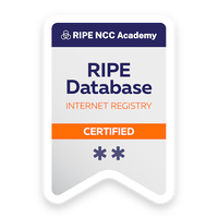 RIPE NCC Academy badge: RIPE Database, Internet Registry, certified